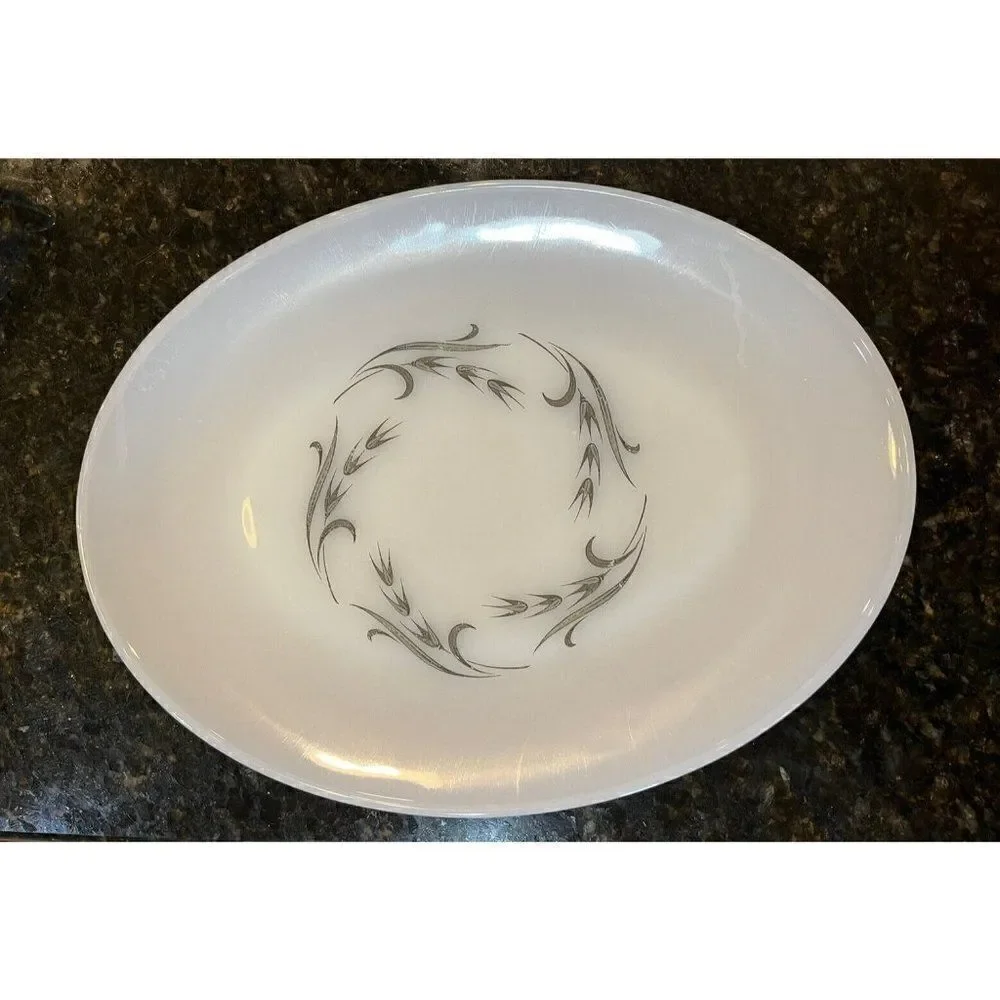 Fire King Oven Ware Serving Platter Silver Wheat Vintage Milk Glass USA Suburbia